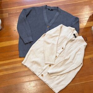 Ribbed Button Cardigan Set — Cream & Slate Blue